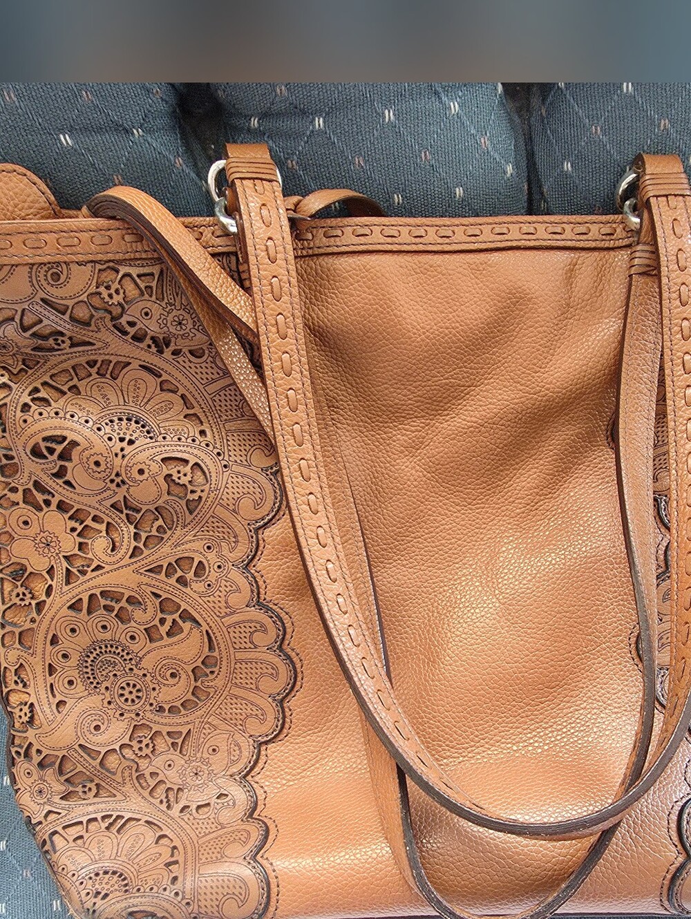 Women’s Intricate Laser-Cut Brighton Leather Tote Bag - Tan